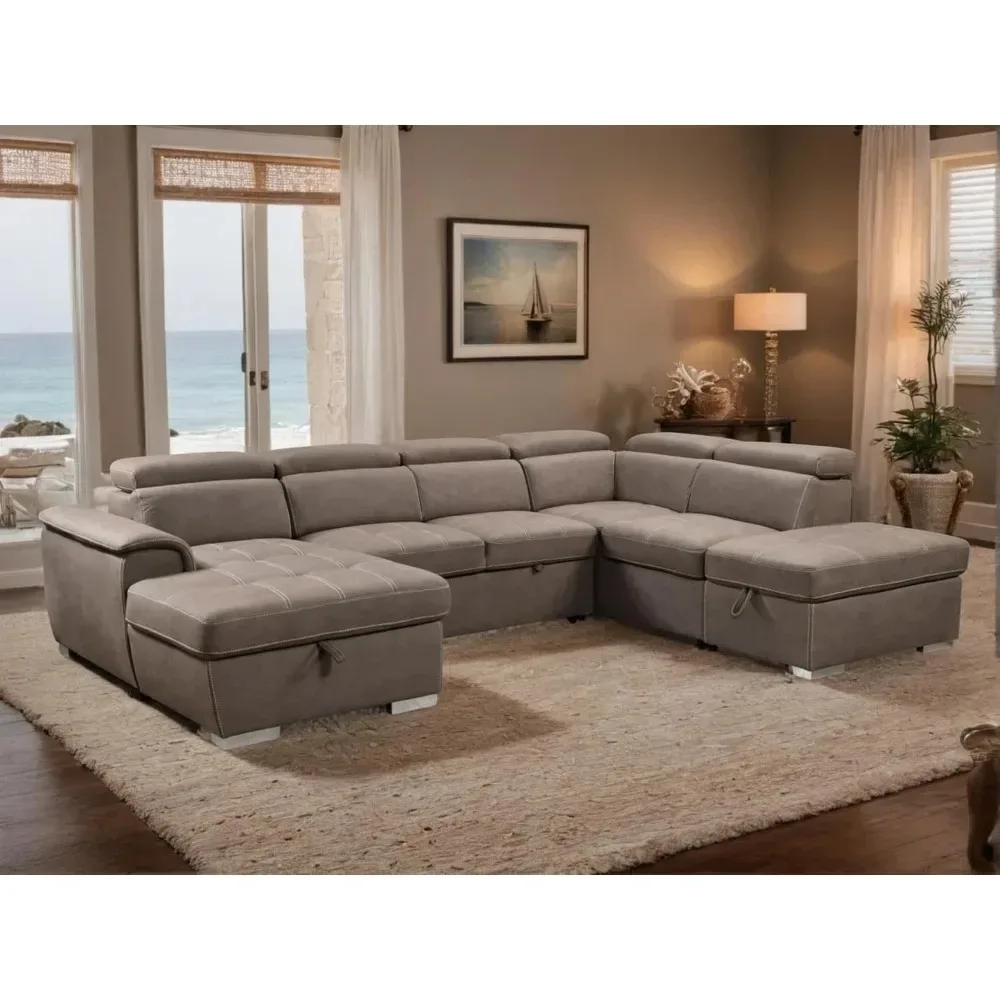 Wohnzimmer Sofas,U-Shaped Sectional Sofa with Pull-Out Bed, Adjustable Headrests, and Storage Chaise, U-Shaped Sectional Sofa