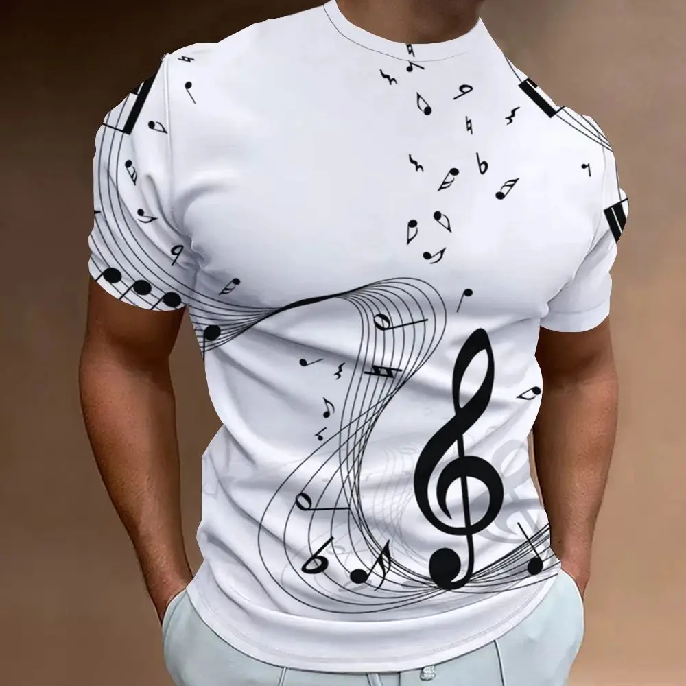 Retro Men\'S T-Shirt 3d Music Notes Printed Men Clothing Daily Casual Short Sleeve Street Designer Tees Top Loose Oversized Shirt