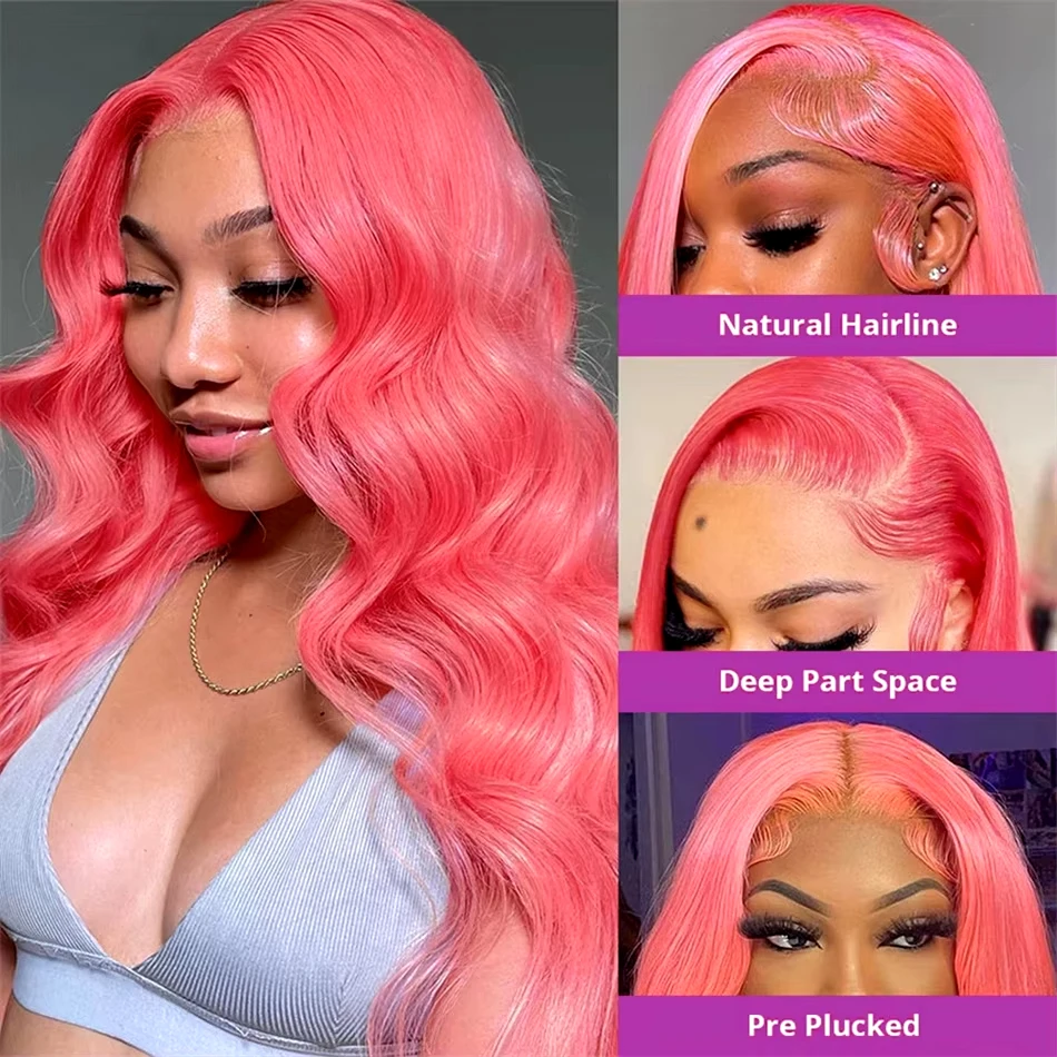 Perruque Lace Front Wig Body Wave Naturelle Rose, Cheveux Humains, 13x4, 13x6, HD, Pre-Plucked, 38 30 Pouces