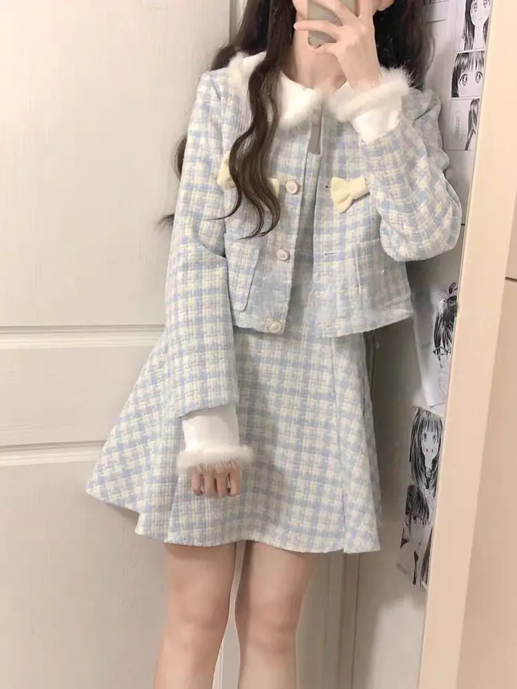 

Women's Blue Floral Print Cardigan Sweater with Bow Tie Long Sve Doll Collar Dr Tee-Piece Set Comfortable Warm Faion