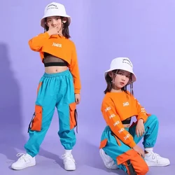 Hip Hop Girls Crop Top contrast Cargo Pants Child Jazz Joggers Streetwear Sweatshirt Kids Street Dance Cheerleader Clothes Sets