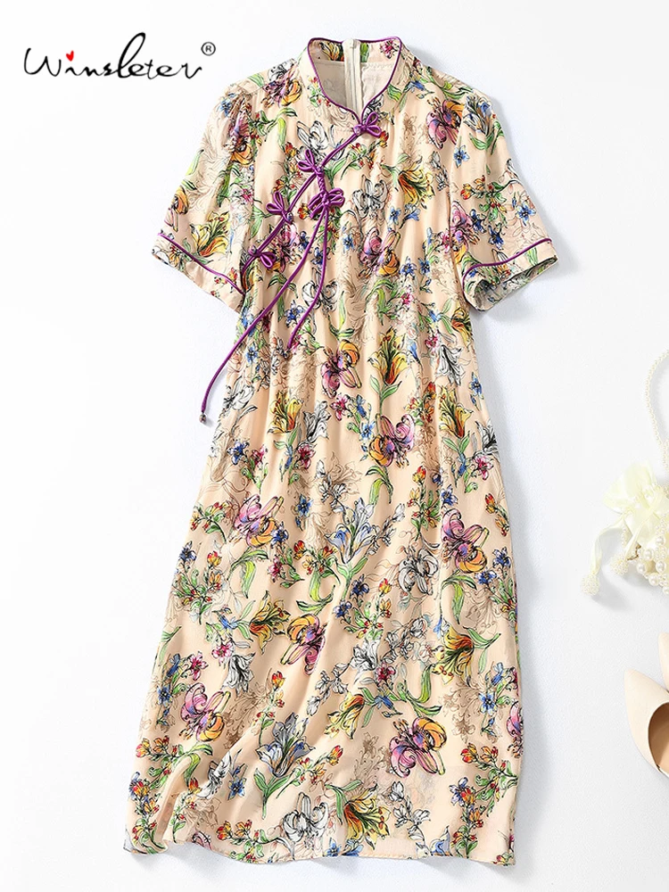 

Winsleter-Женское элегантное платье из 100% натурального шелка, принт с короткими рукавами-стойкой, платья Cheongsam в стиле ретро, новинка лета 2023 D57173CC