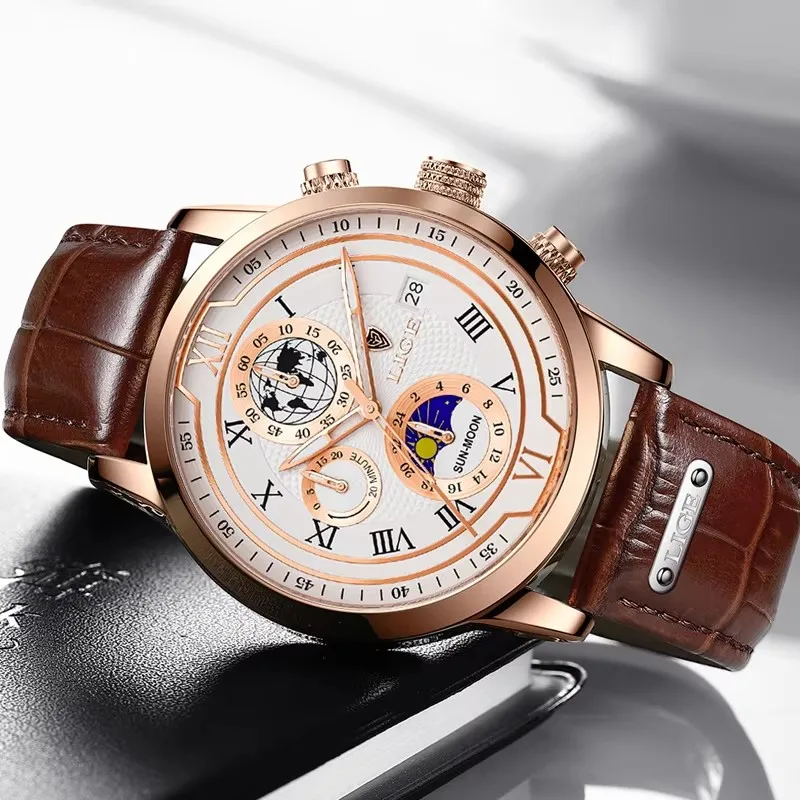 LIGE Jam Tangan Pria Bisnis Jam Tangan Kuarsa Kasual Kulit Bermerek Mewah Moonswatch untuk Pria Jam Tangan Olahraga Kedap Air Jam Tangan Pria