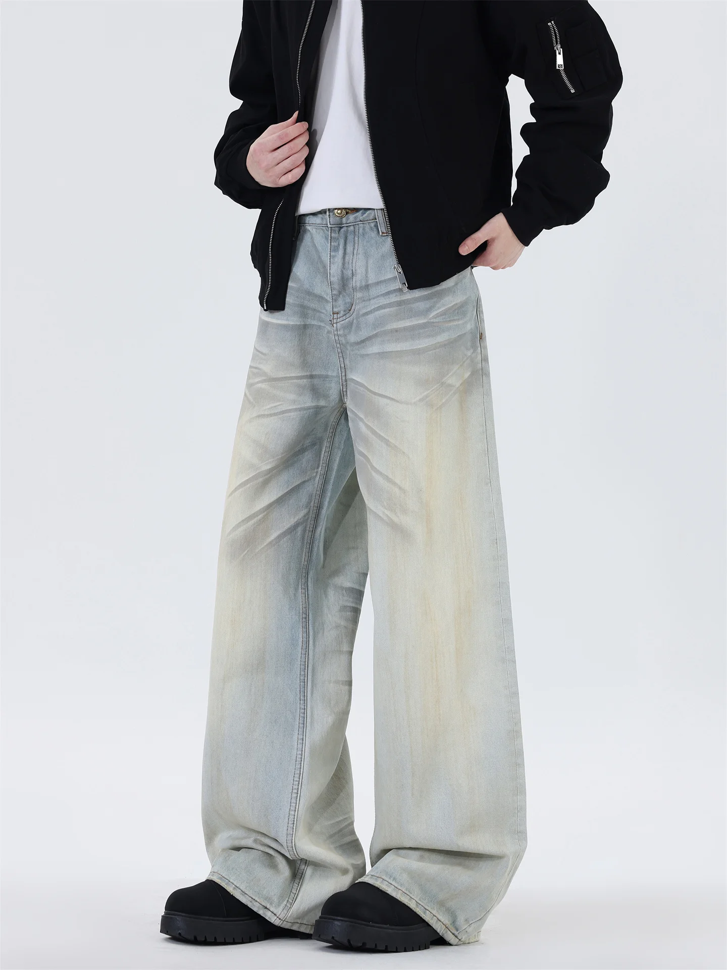 

Retro American Sle Men's Jeans Knife Casual Wear Faded Wa Straight Leg Loose Fit Long Trousers Street Sle