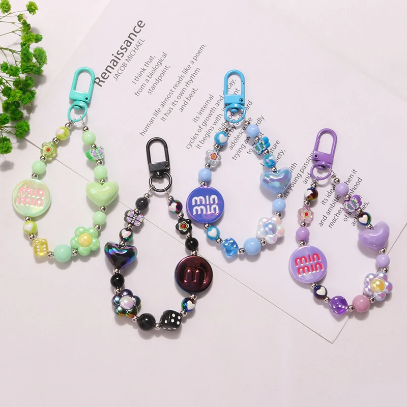 Acrylic Color-plated Heart Love Keychain Cute Flower Beaded Keyring Bag Pendant Charms Earphone Case Decoration Accessories