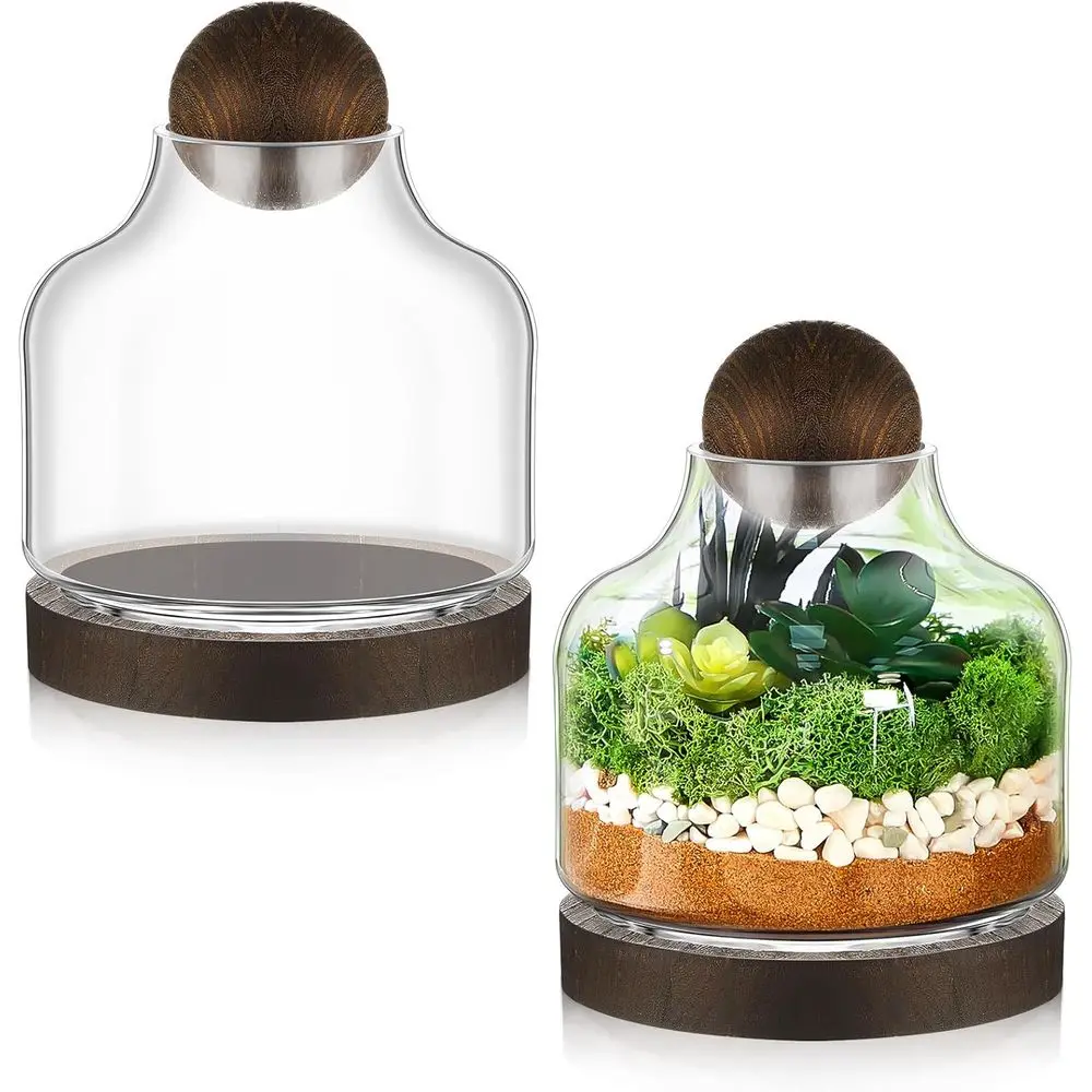 

Комплект из 2 стеклянных террариумов с деревянной основой и шариковой крышкой — элегантные банки для витрин для растений, декоративный контейнер, идеально подходящий для мха, Air Pla