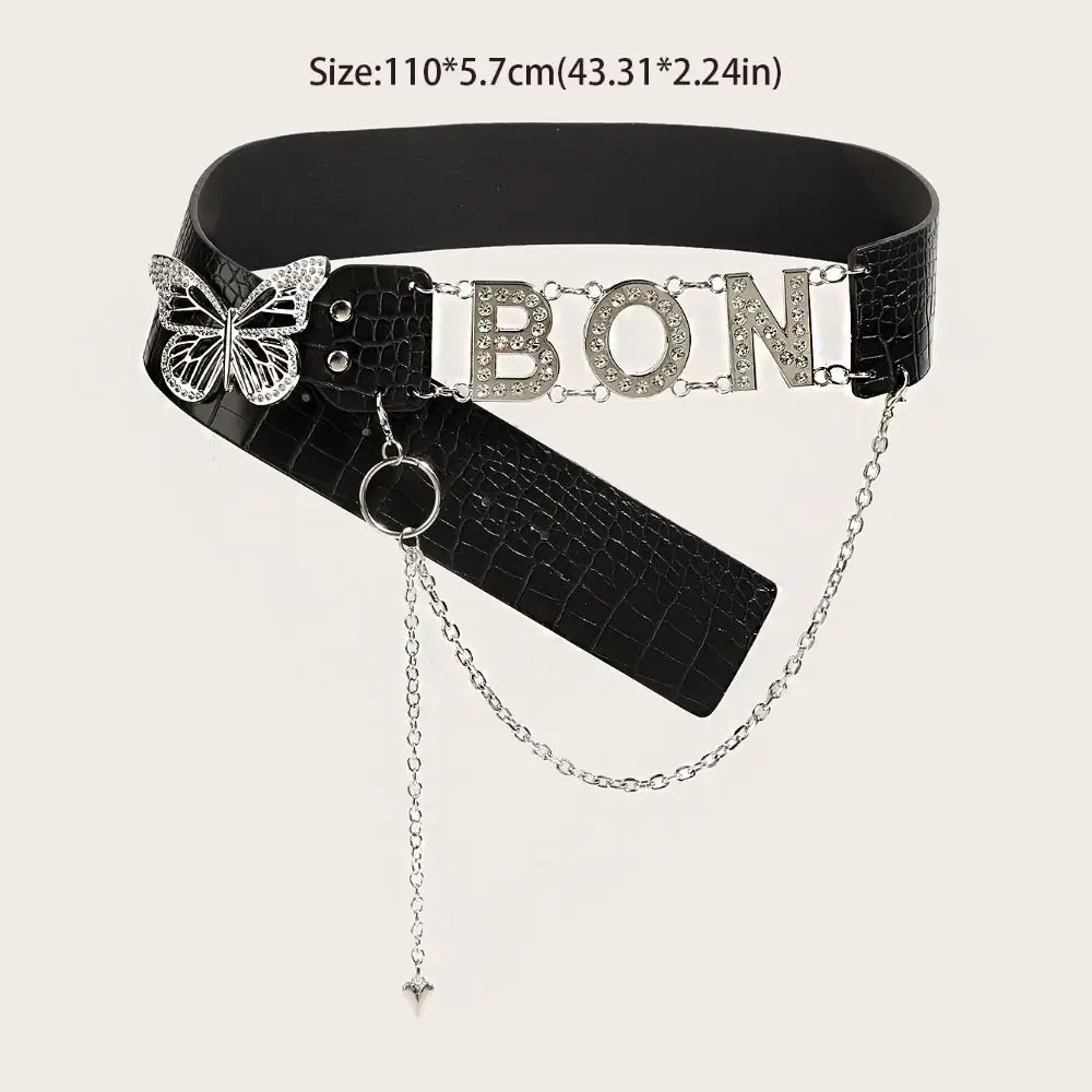 Personality PU Leather Rhinestone Belts Spice Girl Y2K Butterfly Waist Chain Letter Fashion Waistband Decorative Jeans