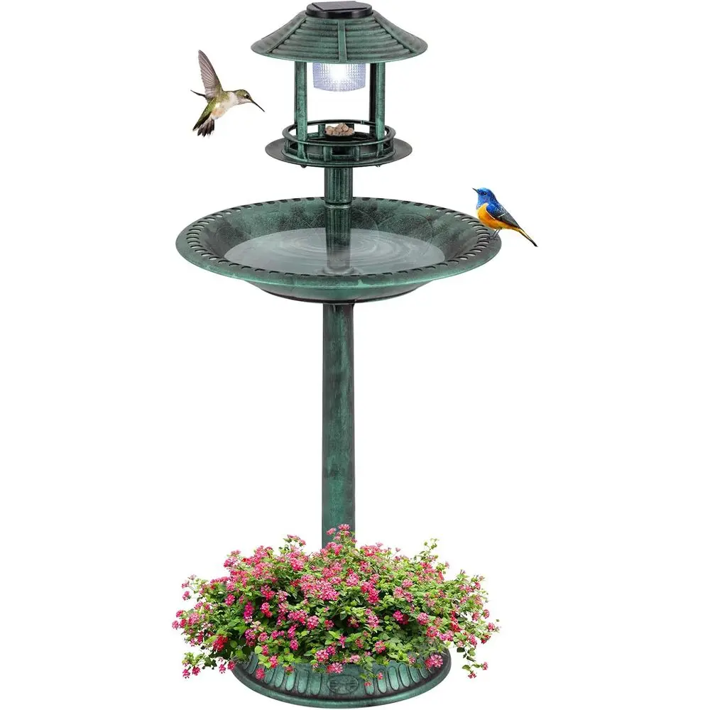 

Illuminated Pedestal Bird Bath with Feeder, Planter Base, and Ground Stakes for Outdoor Garden Yard (Green)