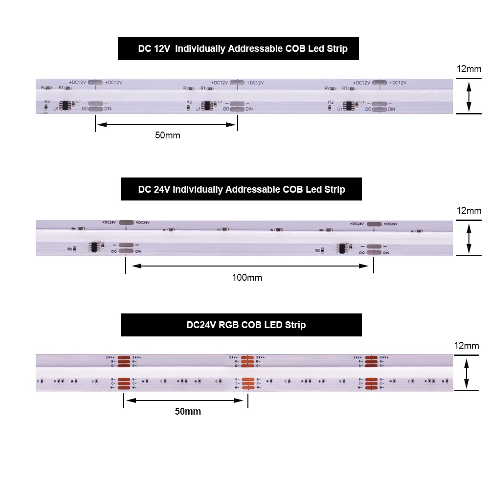 WS2811 COB LED Light Addressable Dream Color 12mm PCB 720Leds/m High Density Flexible Smart Pixel COB Strip Tape RA90 DC12V/24V
