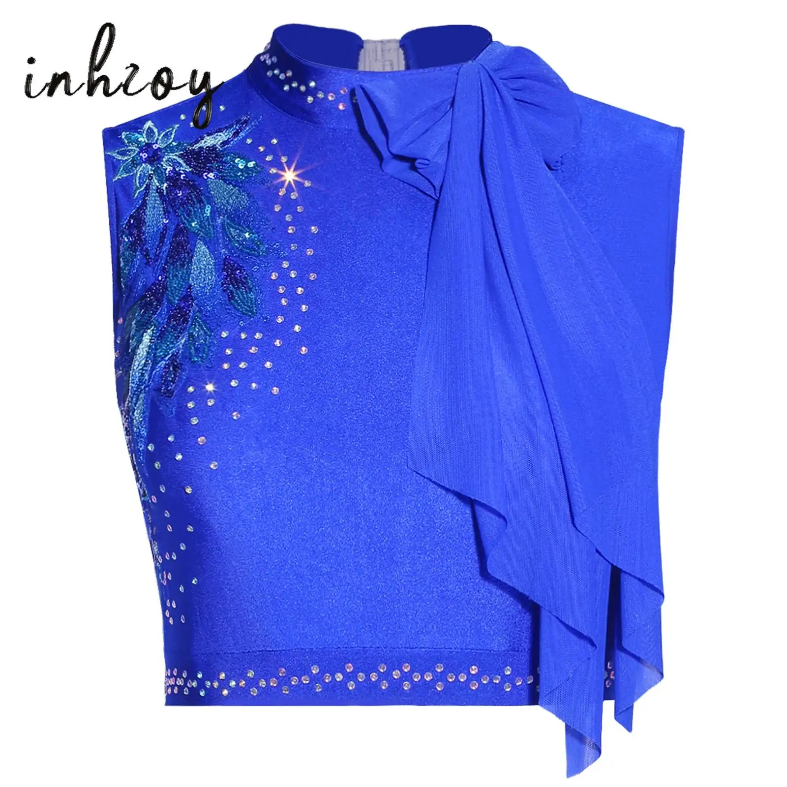 Top corto da danza moderna da donna con paillettes ricamate con fiocco senza maniche sul retro scollato canotta corta balletto lirico ritmico dancewear