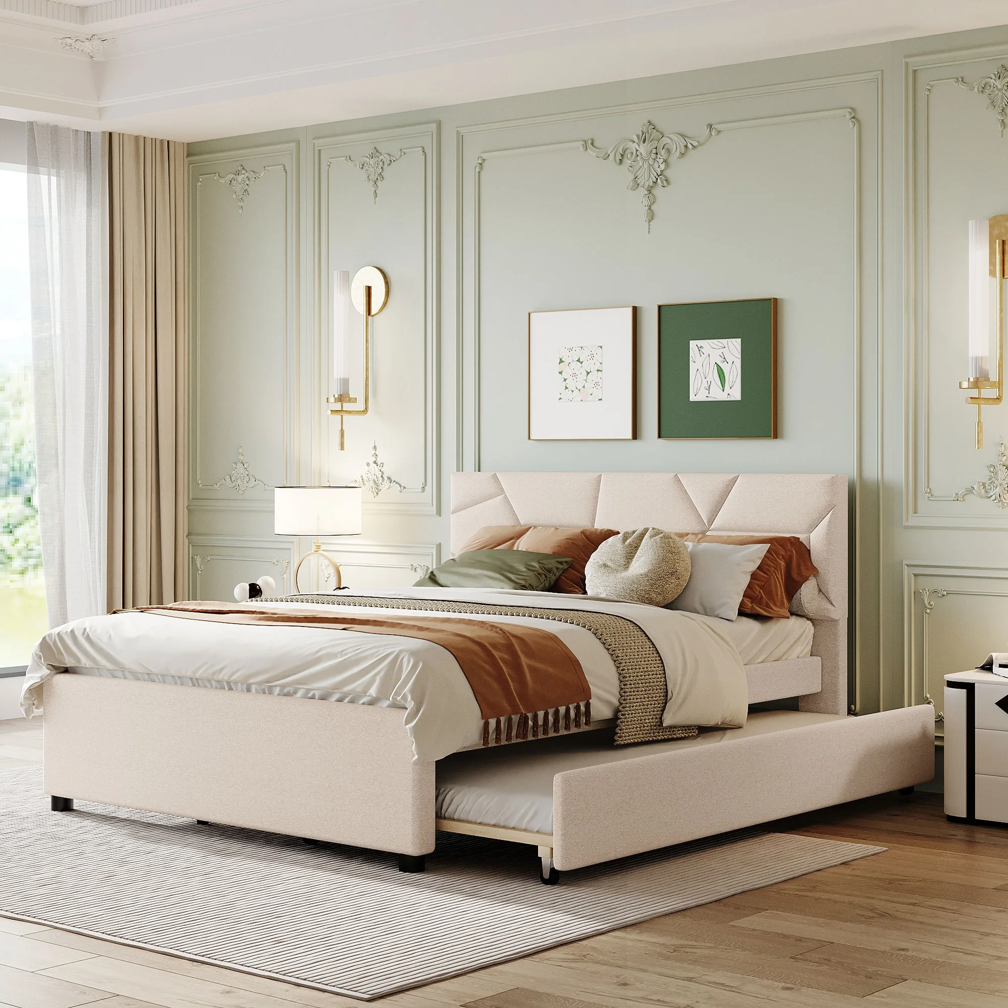 

Queen Upholstered Platform Bed with Brick Pattern Headboard and Twin XL Trundle, Beige Linen 85.40x68.90x39.80 in.