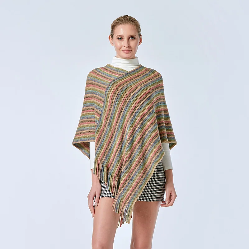 

2025 Spring Autumn Women Coat Shawl Cloak Colored Silk Threat Outer Cape Knitted Coat Color Stripe Pullover Khaki P7