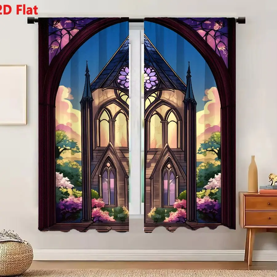 2Pcs Curtains 2D Flat Gothic Building With Rose Window Viewed Through Burgundy Archway At Twilight Window Drapes for Bedroom Roo