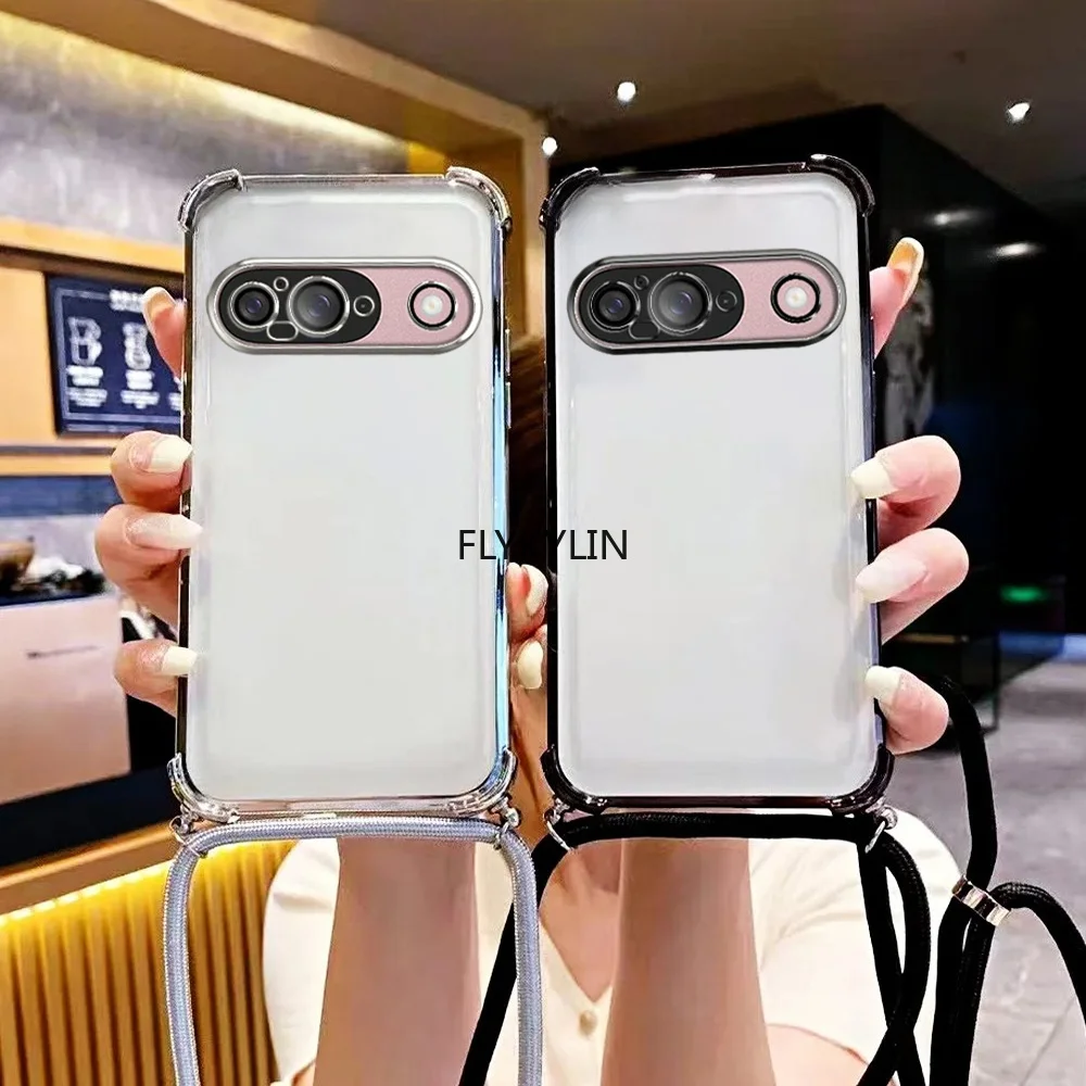 Coque de téléphone antichoc plaquée luxe avec cordon bandoulière en silicone souple transparent pour Google Pixel 9 9A 9 10 Pro XL 10A 7 7A 8 8A