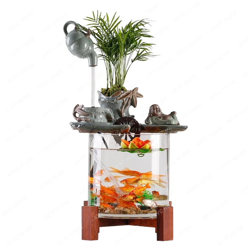 Living Room Interior Desktop Transparent Glass Fish Tank Self-Circulating Aquarium Fountain Decoration