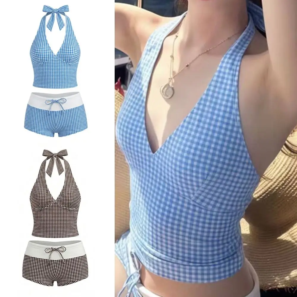 

Горячая новинка: Купальник-бикини из двух частей с лямкой через шею, в стиле Y2K, облегающий, в полоску, с V-образным вырезом, летний пляжный комплект для женщин