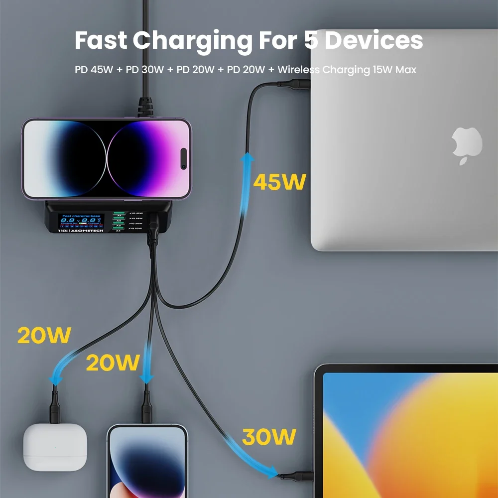 110W Usb Multi Chargers Wireless Charger Digital Display PD Type C Fast Charging for IPhone 14 13 Max IPad Xiaomi Samsung Laptop
