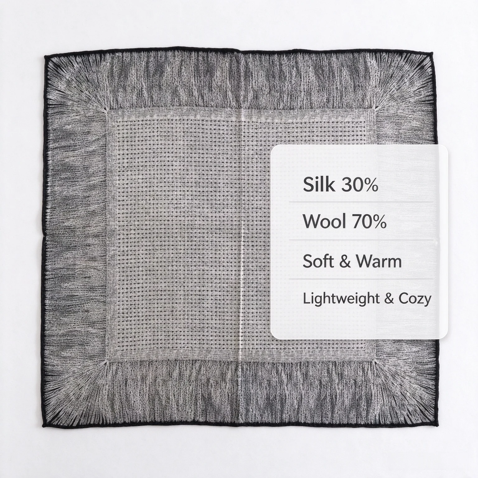 Lightweight Silk Wool Square Scarf 65cm Women Gray Grid Fringe Double Sided Headscarf Neckerchief Bandana Pashmina Minimal Gift