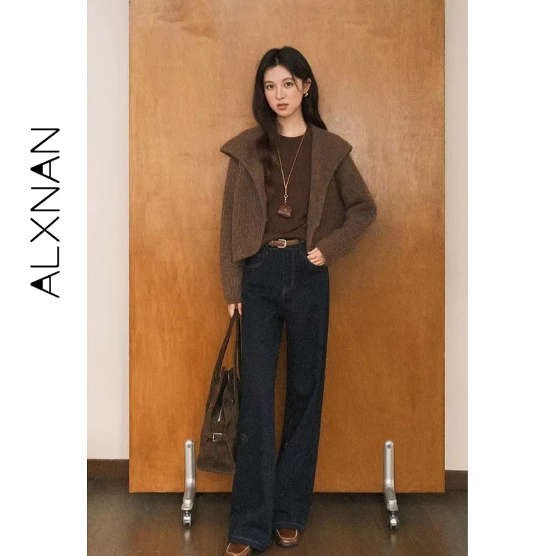 

ALXNAN Brown Cardigan 2025 Fall Loose-fit Buttons V-neck Wide Lapel Woman's Sweater Casual Elegant Versatile Knitted Tops L57691