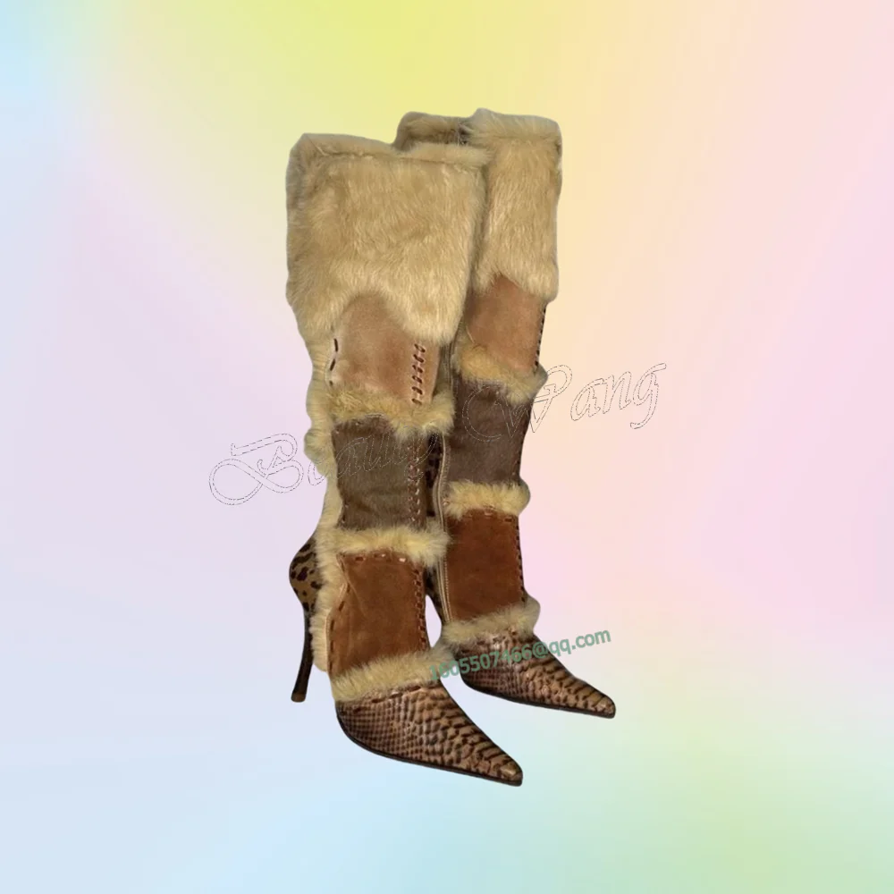 Bruin patchwork bont decor laarzen slangenleer stiletto schoenen voor vrouwen dunne hakken schoenen nieuwe collectie zapatos para mujer