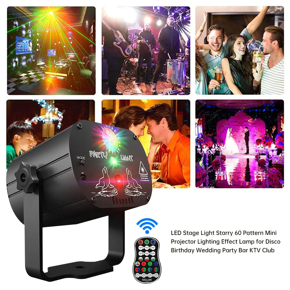 Mini DJ Disco Light Projector 60 Patterns Party Stage Lighting Effect Voice Control USB Projector Strobe Lamp for Home Dance