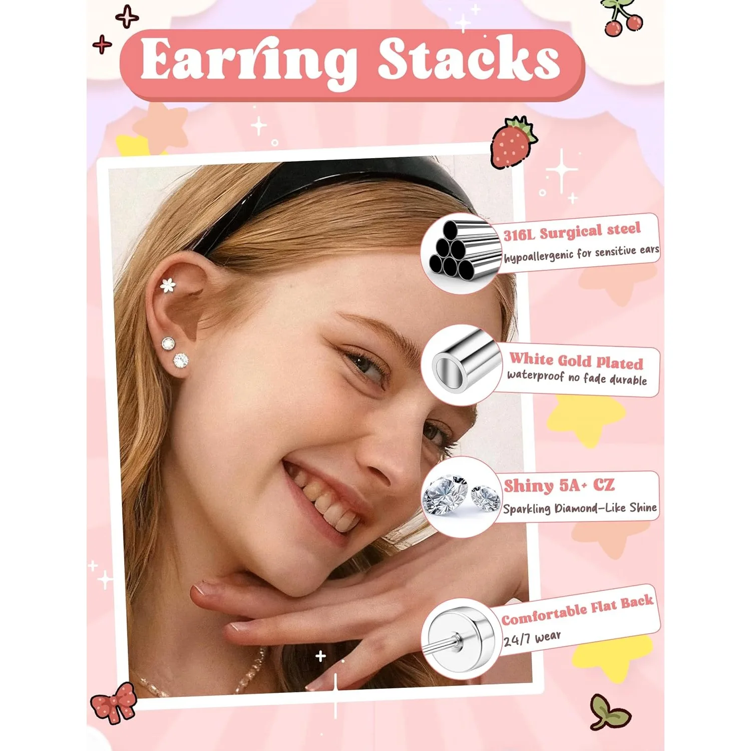 ORAZIO 1pc Surgical Steel Screw Back Flat Stud Earrings Hypoallergenic 20G CZ Cartilage Piercing Jewelry Multicolored For Women