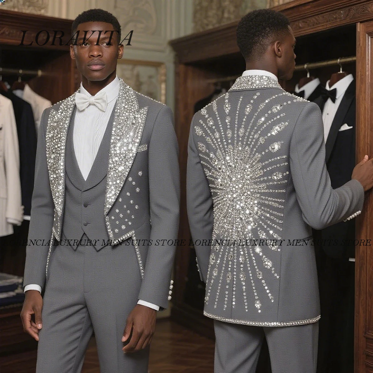 Customized High End Metal Embellished Diamond Men Suits Shawl Lapel Groom Tuxedos 2 Pieces Sets Party Prom Blazer Costume Homme