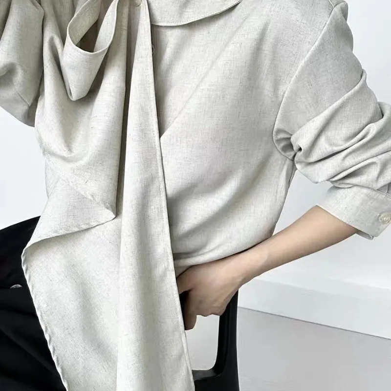 Men Women's Clothing Retro Advanced Feeling Ribbon Scarf Shirt French Style Stand-up Collar Design Neutral Artistic Sense