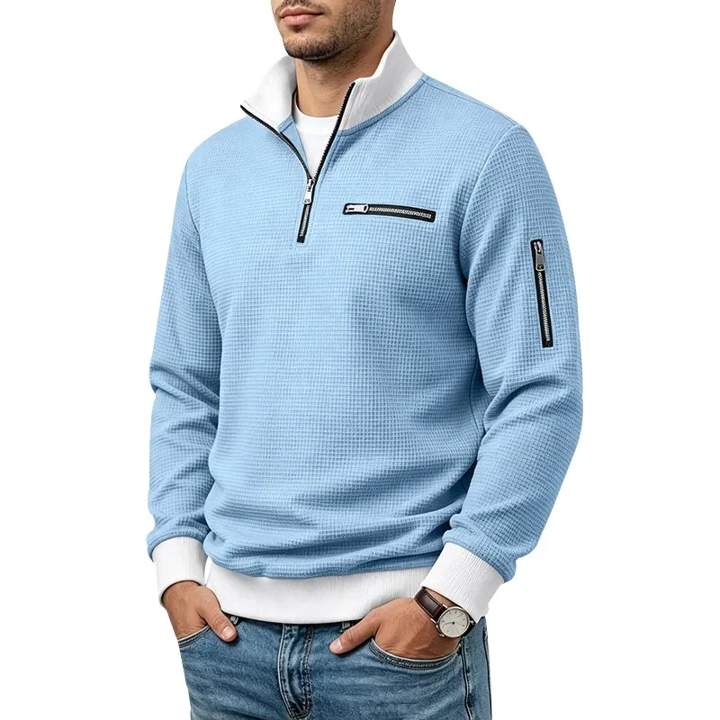 Men's Spring and Autumn One Piece Set: Waffle Knitted 1/4 Zipper Hoodie, Flip Collar, Long Sleeve Sportswear, Casual Top