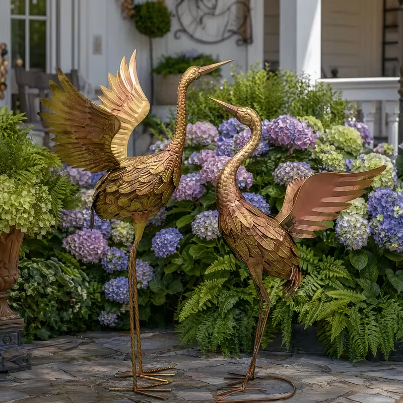32in & 28in Outdoor Metal Crane Statues Weatherproof Garden Ornaments