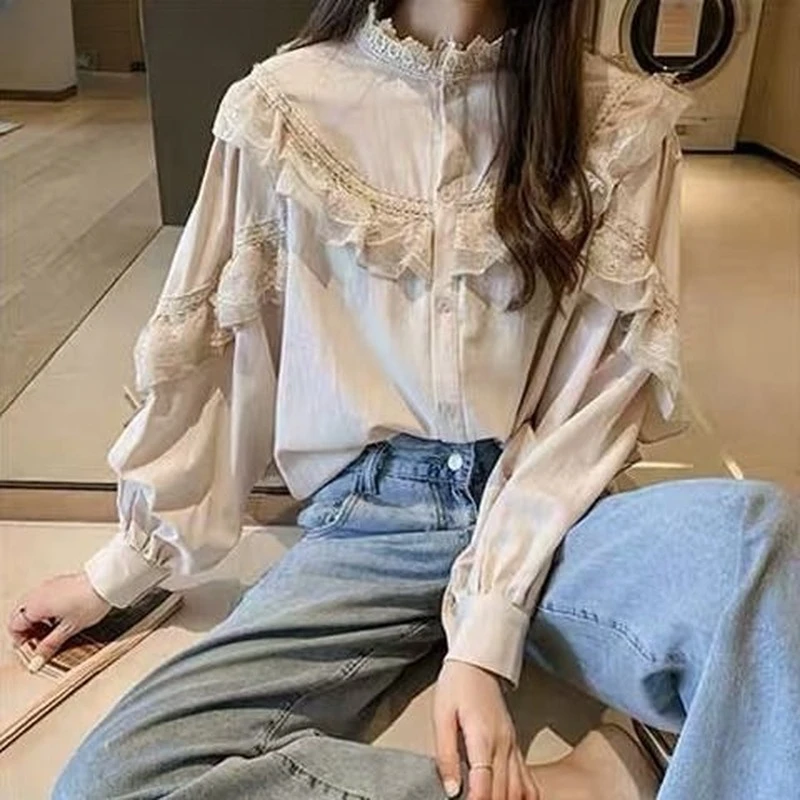 Casual Shirts Women Korean Fashion College All-match Lace Patchwork Long Sleeve Design Unique Spring Autumn Chic Students Y2k