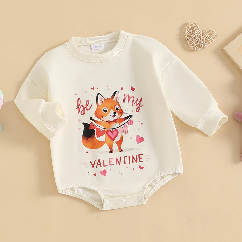 Baby Girls Valentine s Day Romper Long Sleeve O Neck Heart Fox Heart Bunny Print Sweatshirt Romper