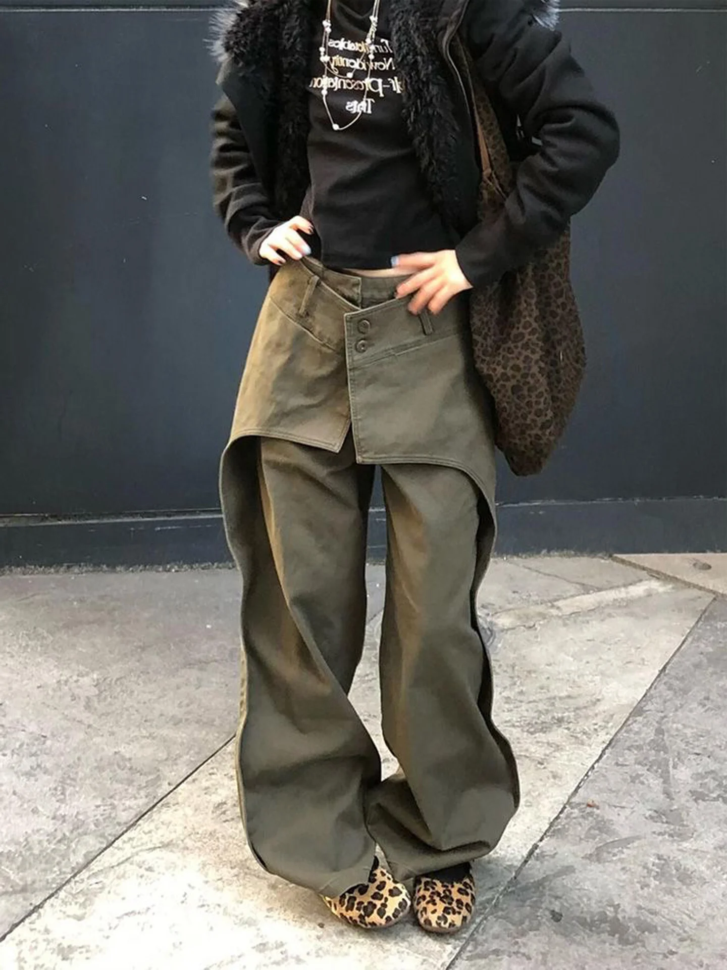 American Style Patchwork Workwear Denim Pants Women's Autumn New Style Spicy Girl Deconstructed Design False Two-Piece Floor-...