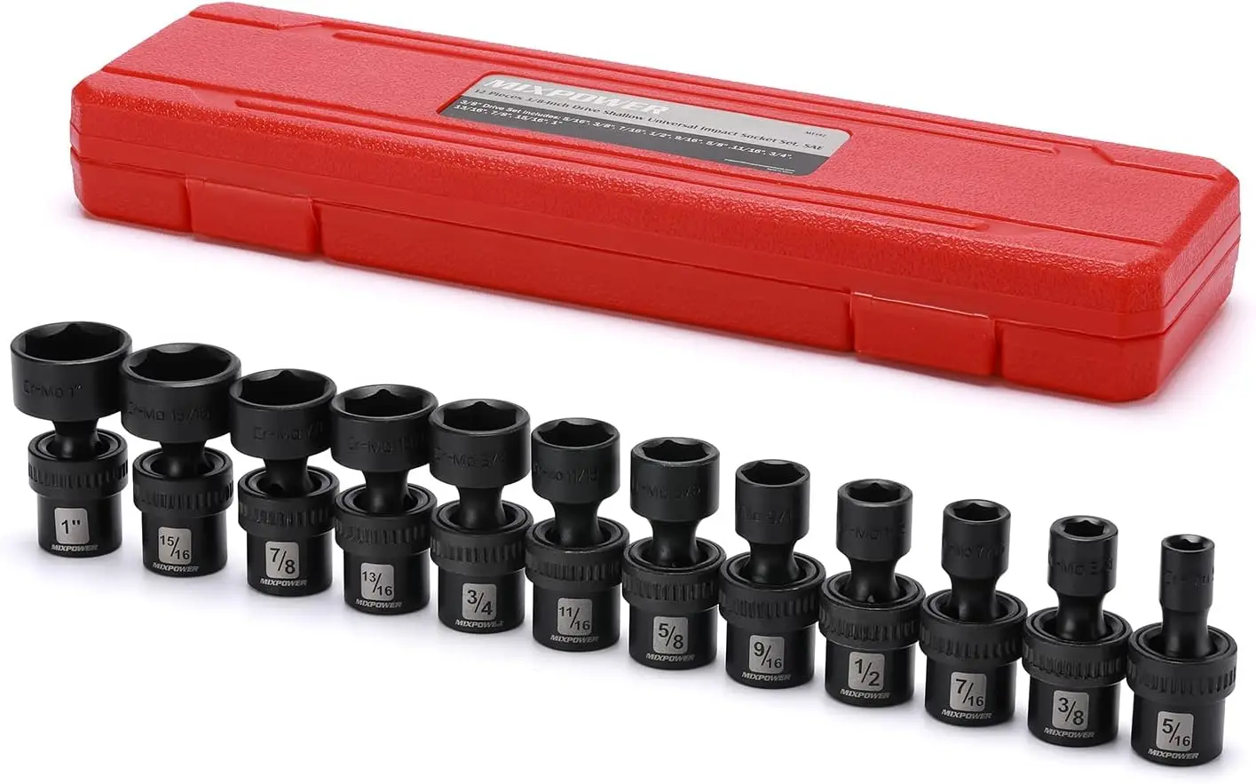 

3/8" Drive Shallow Impact Universal Joint Socket Set, SAE 5/16"-1", Chrome Molybdenum Steel, 12-Piece Flexible Tool