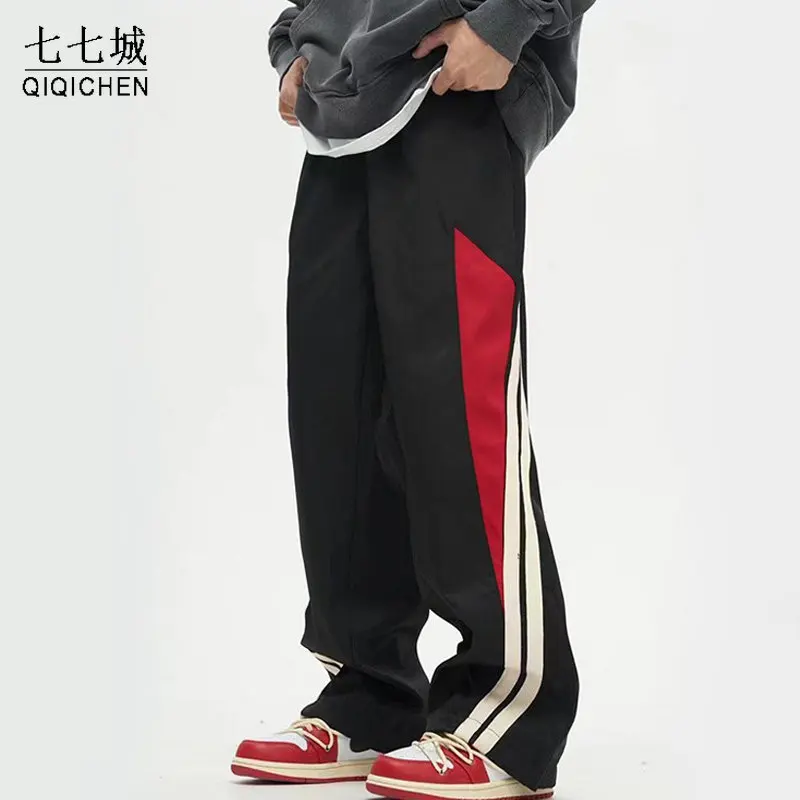 

Spring Sweatpants Men Women Vintage Contrast Patchwork Wide Leg Casual Joggers Korean Oversize Sports Trouser Streetwear Unisex
