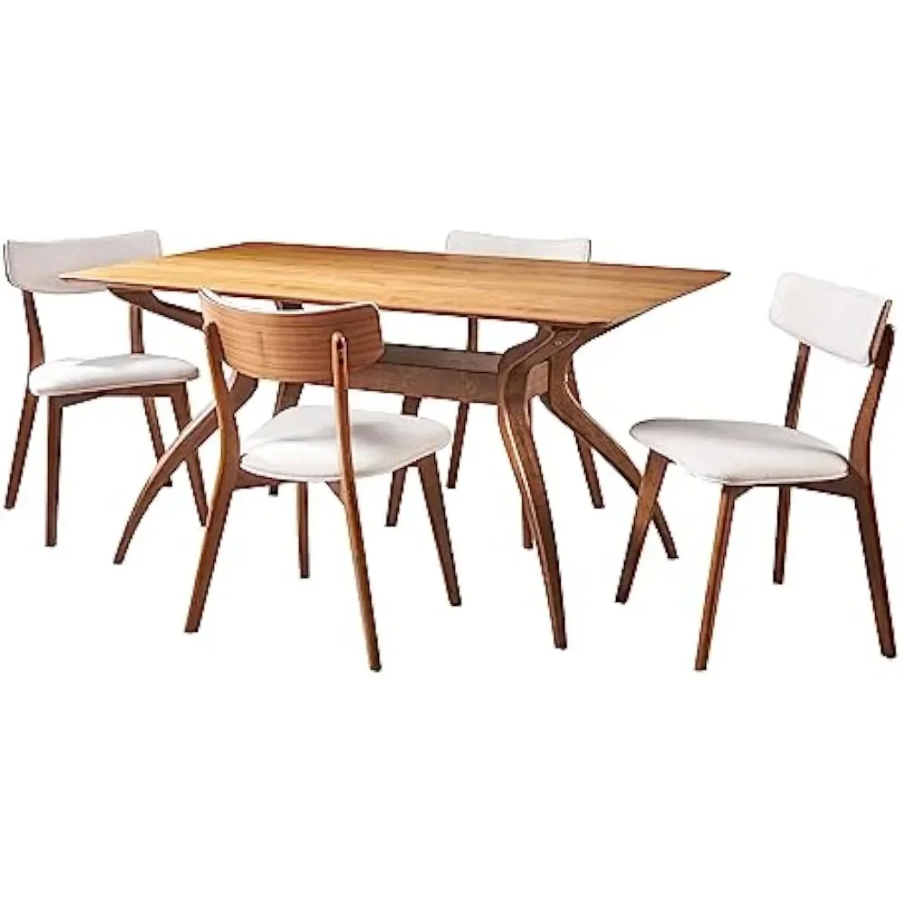 Mid-Century Wood Dining Set with Fabric Chairs, 5-Pcs Set, Natural Walnut Finish / Light Beige-Mid--Rectangular-24.3 Pounds