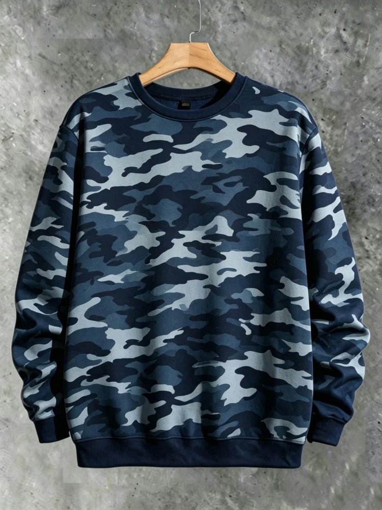 Men's Crewneck Sweatshirt All Over Camouflage Print Long Sleeve Dark Blue Military Streetwear Pullover