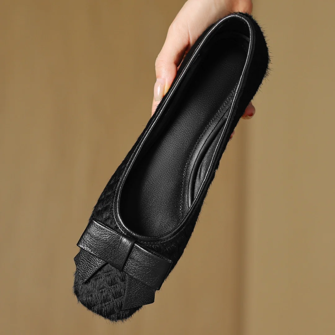 Plus size 34-41 women\'s horsehair round toe slip-on flats single shoes sweet bowtie elegant ladies slim daily dress shoes woman