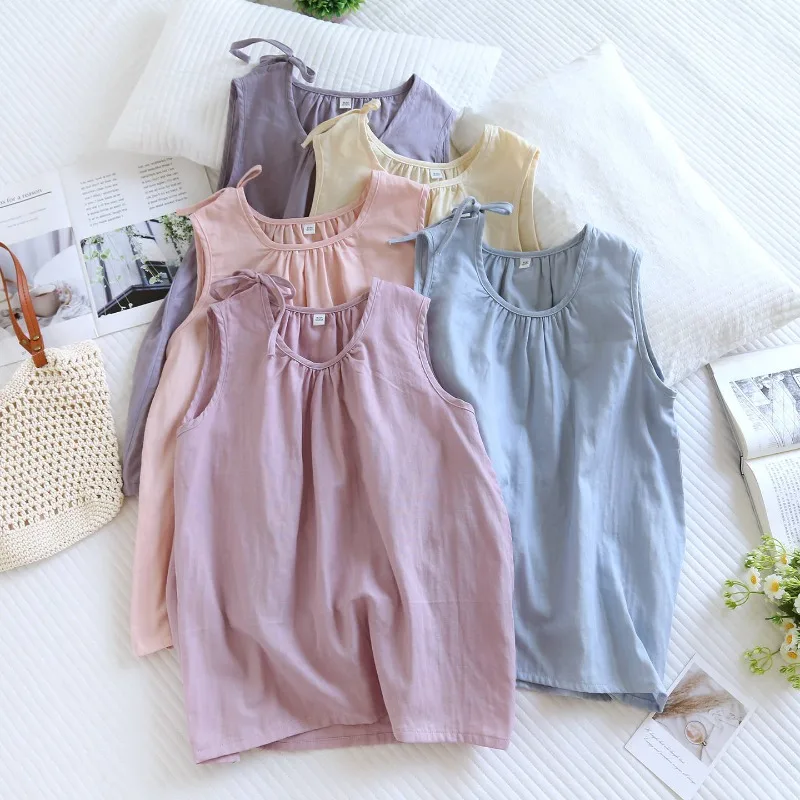 

Summer Thin Cotton Double-layer Gauze Pajamas Women's Sleeveless Vest and Shorts and Trousers Loungewear Set Multiple Colors
