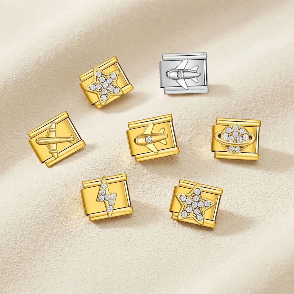 URING Goldfarbene italienische Armbandanhänger in Großpackung: Roboter, Flugzeug, Stern, Planet, Mond für Damen und Herren, DIY Edelstahl 9mm Schmuck – Detail 4