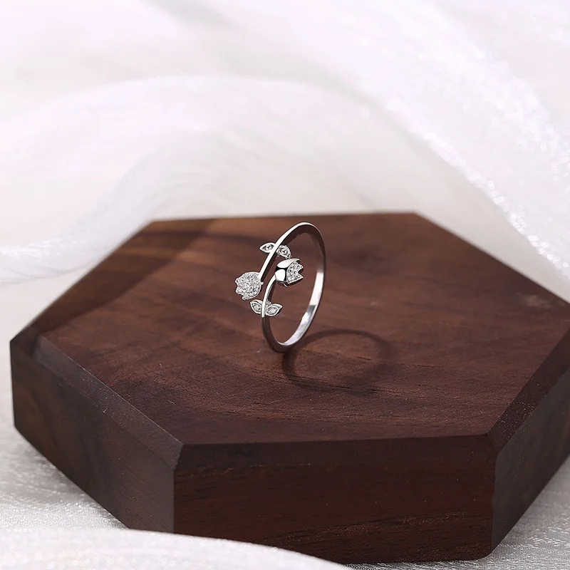 

RYJU 925 Sterling Silver Cute Tulip Flower Zircon Opening Adjustable Finger Ring for Women Fashion Sweet Elegant Party Jewelry
