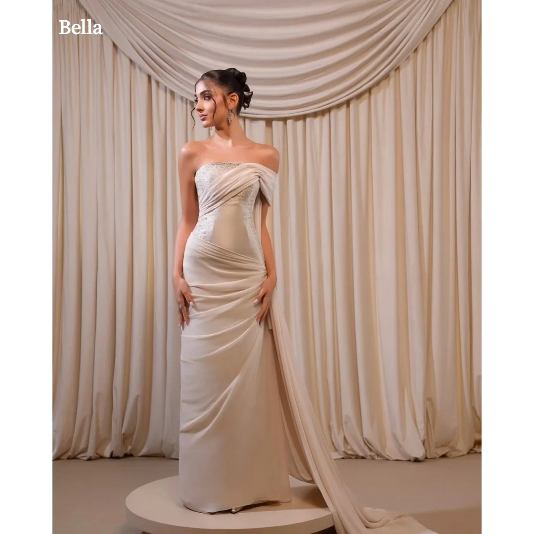 

Bella Customized Beige Off Shoulder Strapless Beaded robes de soirée Ruched Gown Train Elegant Party Dresses Stylish Prom Dress