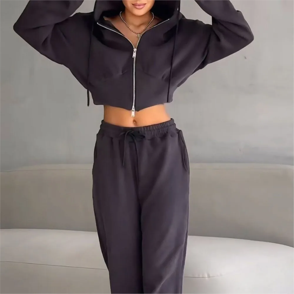 Casual Women's Suit Long-sleeved Zipper Hooded Sweatshirt Solid Color Lace-up Pants Two-piece Set Simple Style Commuting Trendy