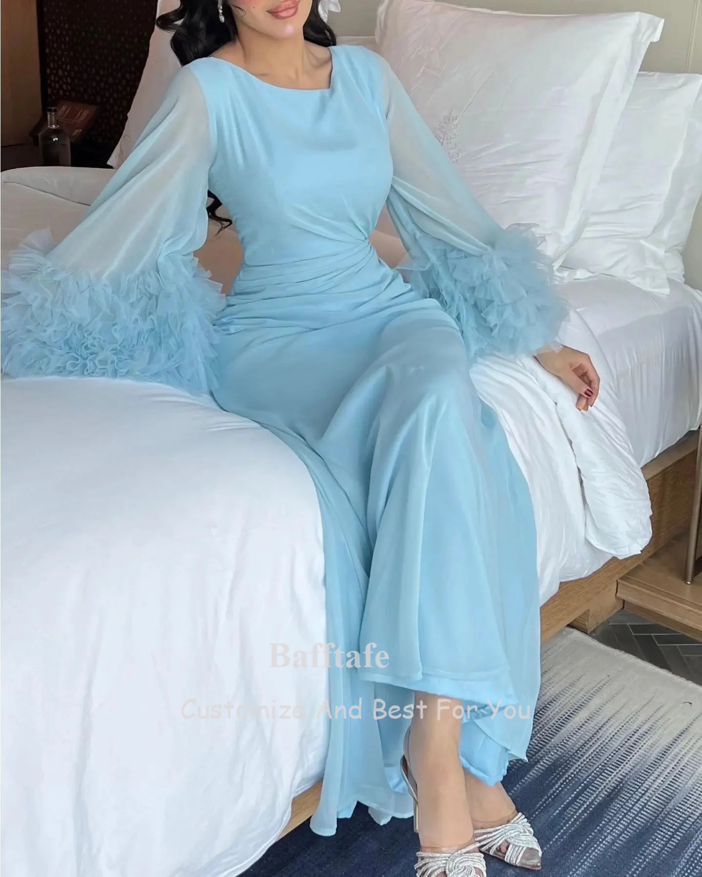 Tiered Puff Long Sleeves Prom Dresses Chiffon Arabia Customized Formal Midi Evening Gowns Women Special Party Night Club Gowns