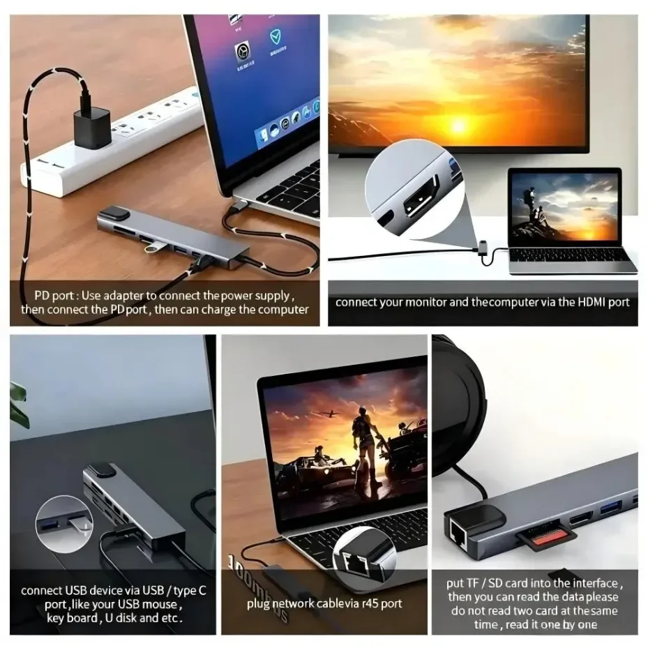 8-in-1 Typ-C Dockingstation mit 4K HDMI, USB-C-Hub, Multiport-Adapter, 100W PD-Ladung, RJ45 Ethernet, USB 3.0/2.0 – Detail 6
