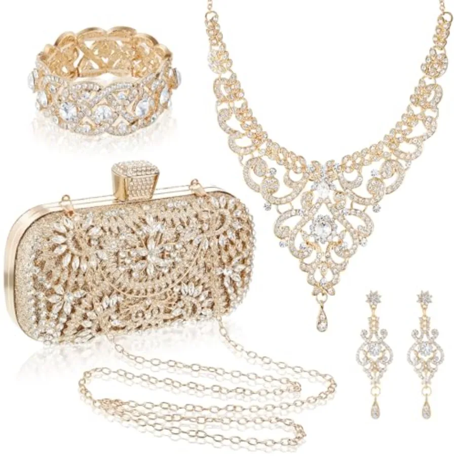 4 Pcs Purse Rhinestone Jewelry Set Evening Clutch Bag Bling Crystal Necklace Dangle Earrings Bracelets Accessories