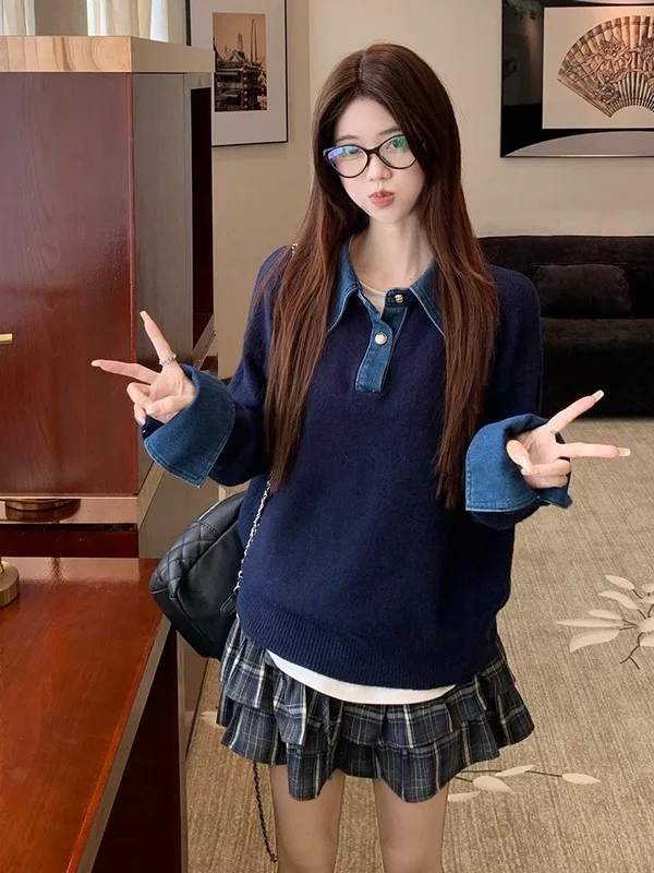 

Женский комплект больших размеров: свитер в американском ретро-стиле с джинсовыми вставками и юбка с высокой талией, имитация двух предметов, осенняя мода