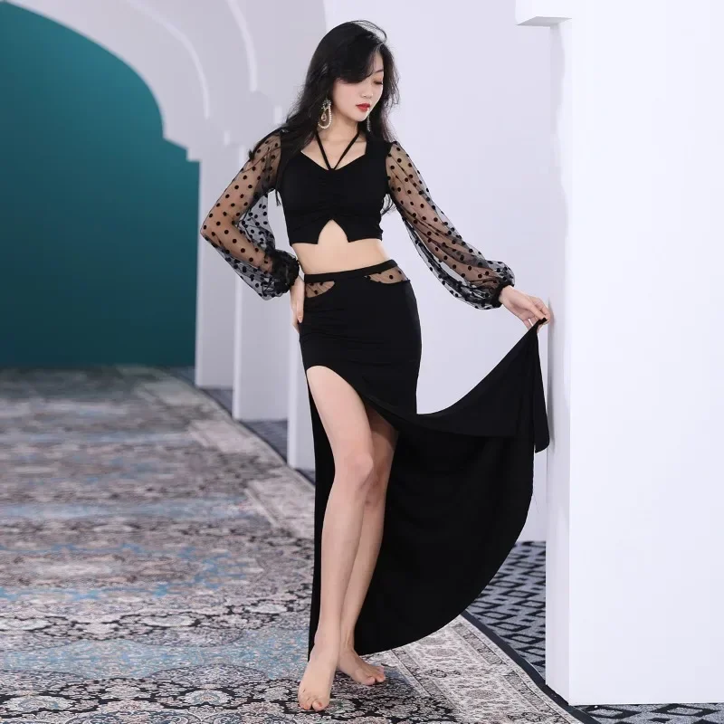 Belly dance new costume set women's practice outfit Oriental dance outfit beginner's court lantern sleeve long Skirt 2-piece set