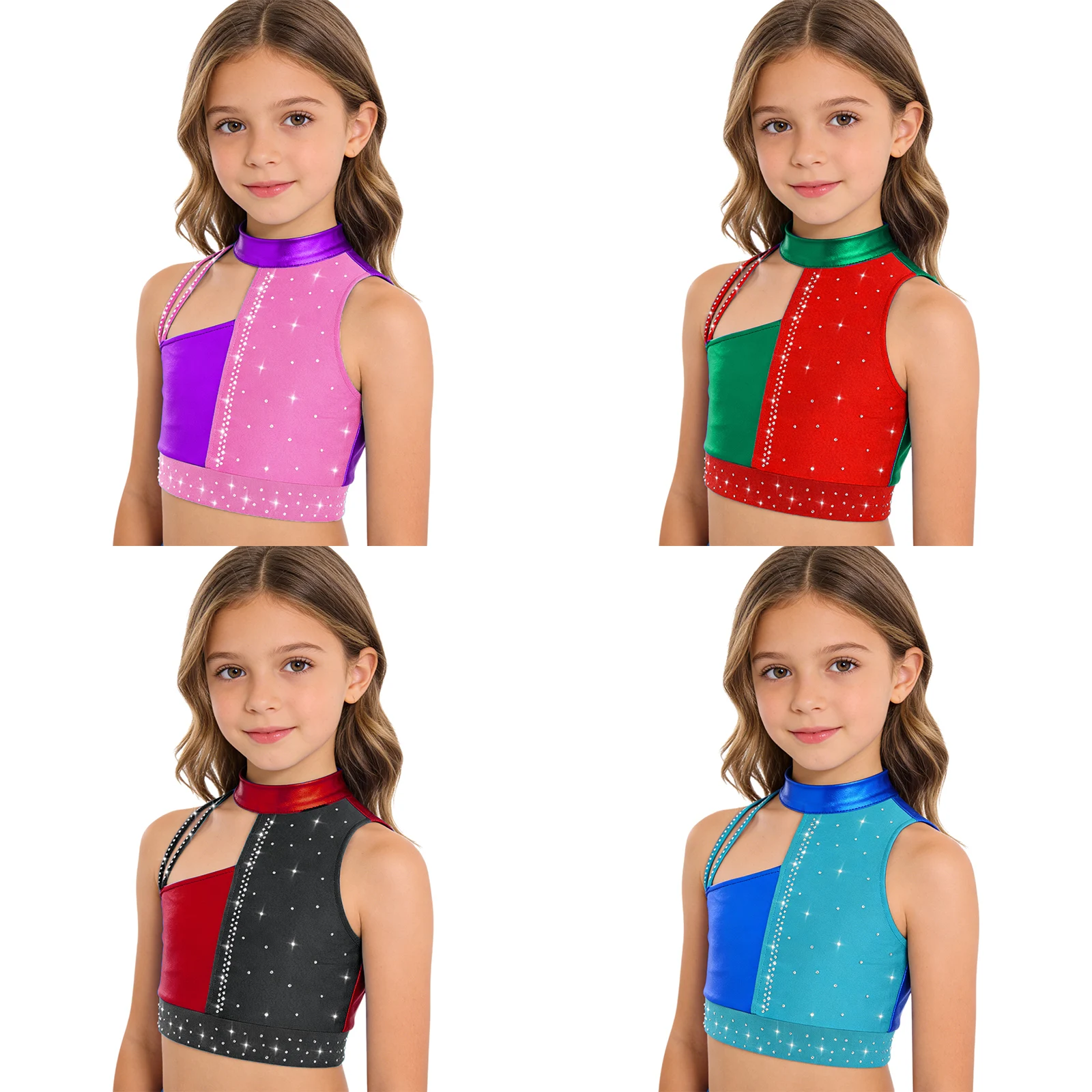 أطفال بنات الجمباز الرقص القمم الشكل التزلج أزياء مسرحية بلا أكمام انقطاع الراين لامع المحاصيل الأعلى Dancewear #6