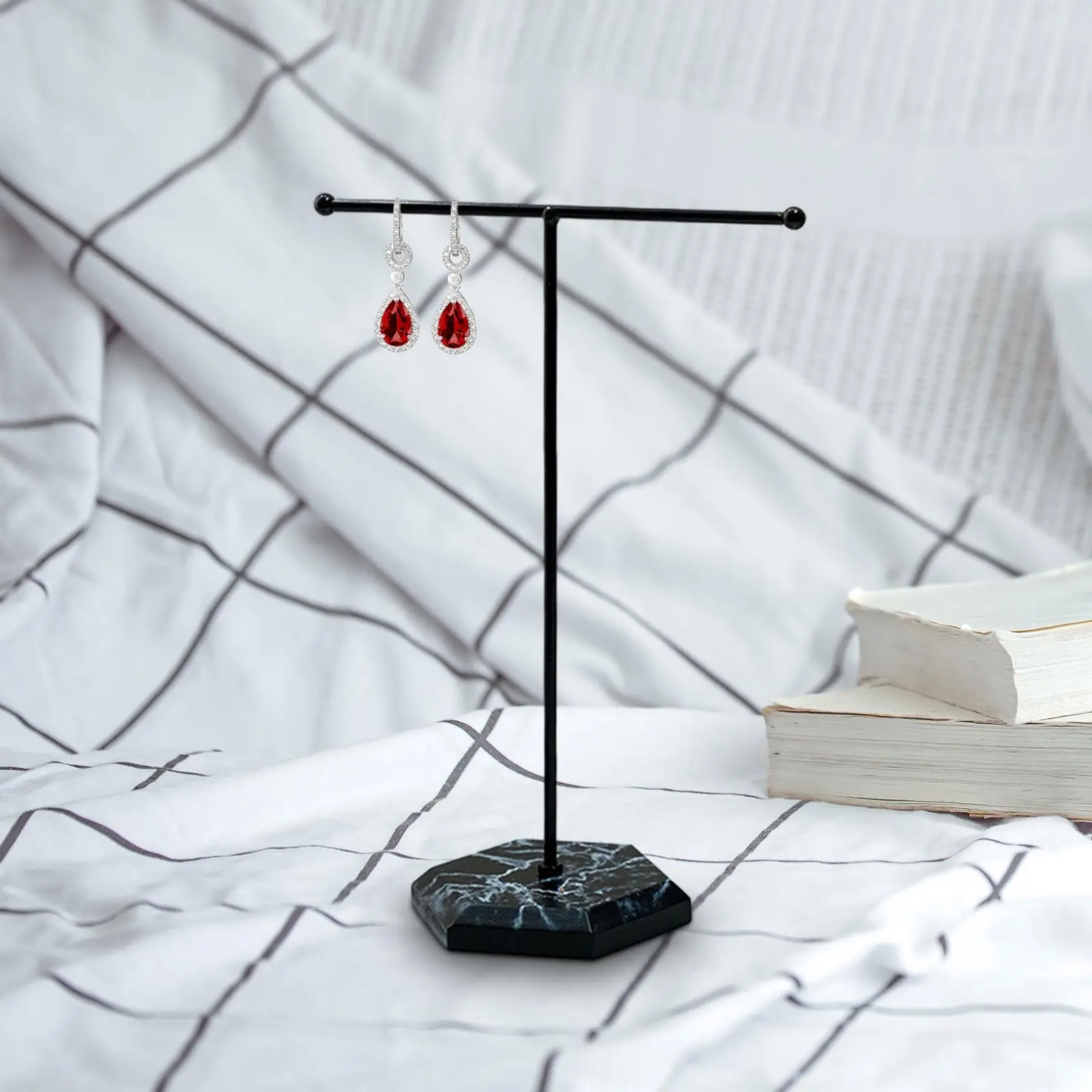 Jewelry Earrings Organizer Holder Tabletop Stand T Bar Display Rack Necklace Bracelet Storage Tower Wooden Base for Bedroom